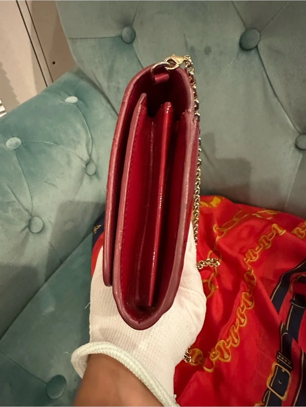 Dior Red Patent Leather Clutch with Gold CD Emblem and Chain